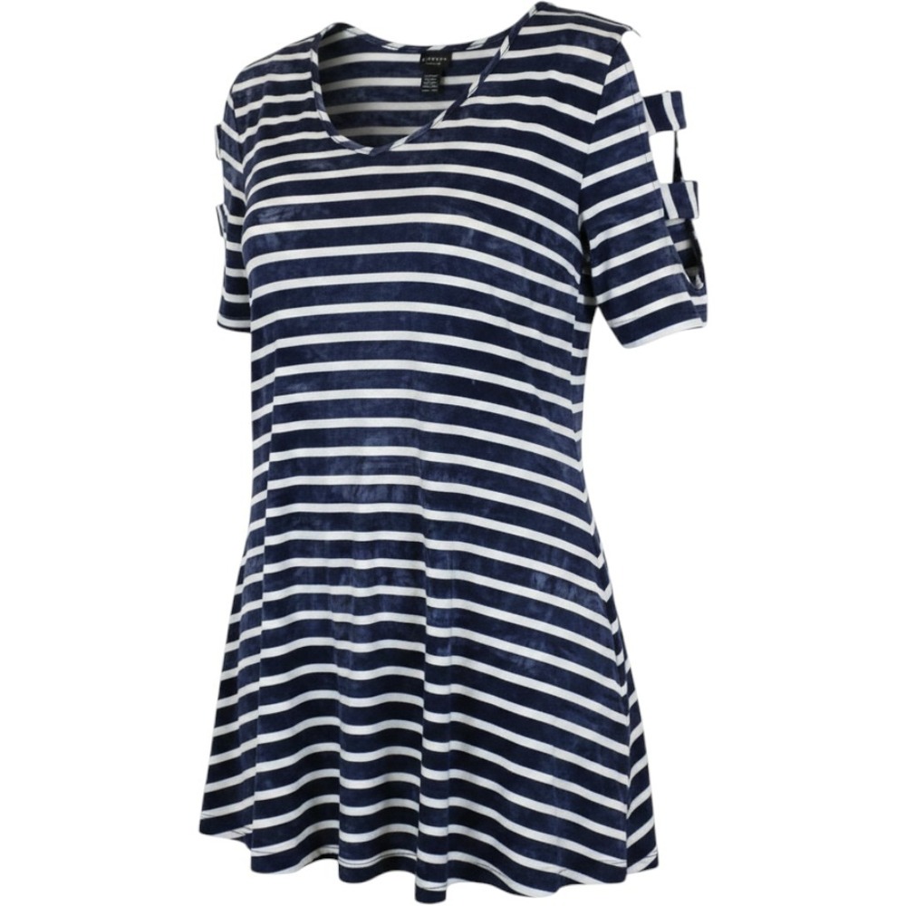 Lavanya Woman Navy Blue White Striped Tie Dye Sharkbite Hem Tunic Top 2X